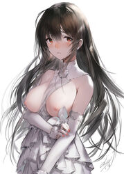 1girls absurdres arm_at_side bangs bare_shoulders between_breasts black_hair blush breasts breasts_out detached_sleeves dress exposed_breasts fanbox_reward female female_only fingernails frilled_dress frills fur_trim hair_between_eyes haori_iori highres long_gloves long_hair long_sleeves looking_at_viewer medium_breasts nail_polish nipples no_bra nose_blush open_dress open_mouth open_shirt orange_eyes original original_character paid_reward parted_lips red_eyes red_nails sidelocks signature simple_background sleeveless sleeveless_dress solo solo_female solo_focus turtleneck upper_body very_long_hair white_background white_dress white_sleeves