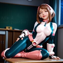 ai_generated ochako_uraraka ochako_uraraka_(hero_outfit) my_hero_academia hero hero_outfit_(mha) bodysuit classroom posing teasing
