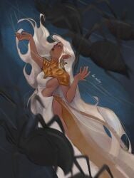 1girls spider elf_female tanned_skin dress color elf_girl white_hair form_fitting threads