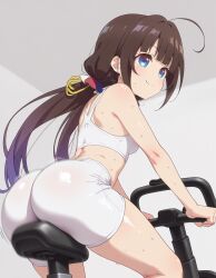 ai_generated ass_focus bike_shorts blue_eyes brown_hair bubble_butt crop_top excercise heavenly_ass hinatsuru_ai long_hair petite_female slutty_female small_ass small_breasts sweat tempting_viewer twintails