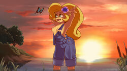 1girls anthro butterfly coco_bandicoot crash_(series) female nipples outdoors overalls plague_of_gripes small_breasts smiling sunset