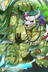 1boy 1other abs artist_name bandaged_wrist bandages bara bracelet broad_shoulders censored commentary completely_nude disembodied_hand english_commentary erection foreskin furry furry_male huge_pectorals huge_penis jewelry male_focus mask masked mosaic_censoring muscular muscular_arms muscular_male navel necklace nipples nude pectorals penis pointless_censoring precum reptile_boy skull_mask sollyz solo_focus tail terraria testicles tooth_necklace variant_set wading witch_doctor_(terraria)