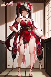 sparkle_(honkai:_star_rail) honkai:star_rail honkai(series) 1girl mask twintails solo fox_mask mask_on_head smile choker long_hair full_body looking_at_viewer standing black_choker sash neck_bell bare_shoulders bell red_dress detached_sleeves hand_on_own_hip obi toes toenails breasts indoors nail_polish halterneck very_long_hair pink_eyes sandals toenail_polish dress red_nails thighs black_hair legs feet jingle_bell black_sash criss-cross_halter brown_hair grin closed_mouth o-ring facial_mark short_sleeves sleeveless red_eyes bow red_bow medium_breasts hair_bow sidelocks multicolored_hair cleavage single_glove bare_legs gloves thigh_strap flower_tattoo pelvic_curtain blush symbol-shaped_pupils red_sleeves sleeveless_dress bracelet legs_apart small_breasts pink_nails short_dress tattoo hair_ornament tiles gradient_hair wide_sleeves mionety ai_generated
