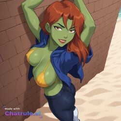 1girl absurd_res ai_assisted ai_generated beach black_clothing black_leggings brown_eyes devious_grin first_person_perspective green_skin hands_above_head hard_nipples hood_up large_breasts lipstick looking_at_viewer lustful makeup miss_martian outdoors perfect_ass posing_for_viewer red_hair seductive standing tight_clothing white_socks yellow_bikini young_justice