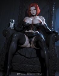 1girl ai_generated bare_shoulders black_choker black_footwear black_gloves black_panties black_skirt black_thighhighs bloodrayne boots breasts cameltoe chair choker corset cup elbow_gloves gloves green_eyes high_heel_boots high_heels holding holding_cup large_breasts looking_at_viewer navel nipples nyx_x panties questionable rayne red_hair short_hair sitting skirt smile solo spread_legs thick_thighs thigh_boots thighhighs thighs throne underwear
