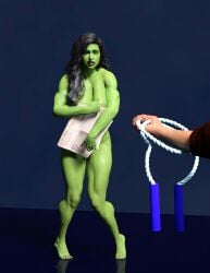 enfmaster01 female female_focus solo_focus nude breasts big_breasts large_breasts cleavage green_skin muscular muscular_female embarrassed_nude_female she-hulk marvel black_hair scene_reference 1girls 3d