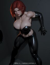 1girl ai_generated bare_shoulders black_gloves bloodrayne breasts bustier choker cleavage collarbone corset elbow_gloves gloves green_eyes large_breasts latex looking_at_viewer muscular muscular_female navel nyx_x pants rayne red_hair red_lips sensitive shiny shiny_clothes short_hair solo