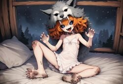 paigen ai_generated original original_character aoife_(paigen) monster_girl horror horror_(theme) 1girls female breasts flat_chest abhartach undead vampire vampire_girl medium_hair orange_hair messy_hair unkempt glowing_eyes blue_eyes black_sclera slit_eyes sharp_teeth fangs vampire_fangs collar choker tooth_necklace wolf_headdress wolf_pelt wolf_hat hat skinny ribs clothed clothing clothes small_female grey_nails grey_toenails sharp_nails sharp_toenails barefoot dirty_feet fur grey_fur nightgown lingerie negligee underwear