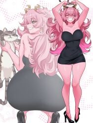 1girl 1girls absurdres animal animal_on_head armpits ashido_mina ashido_mina_time-skip ass big_ass black_dress black_sclera black_shoes blush boku_no_hero_academia breasts cat cleavage clenched_teeth closed_eyes colored_sclera colored_skin commentary_request dress earrings from_behind full_body grin highres hoop_earrings horns hourglass_figure jewelry large_breasts legs long_hair looking_at_viewer looking_back mina_ashido mina_ashido_curvy_(meme) mina_ashido_time-skip multiple_views my_hero_academia my_hero_academia_(finale) on_head pink_hair pink_skin post-timeskip shoes slim_waist smile spanish_commentary squatting standing teeth thick_thighs thighs vlizz wide_hips yellow_eyes yellow_horns
