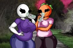 chetoh egg white_body black_eyes original original_character original_characters oc claire_(chetoh) mandy_(chetoh) chubby chubby_female female female_only female_focus 2girls bald_female clothed shirt pants clothed_female orange_body leaf leaf_hair photo_background hand_on_hip drinking drink holding_drink arizona_iced_tea breasts hand_under_breasts arm_under_breasts