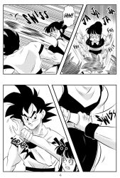 1boy 1girls ass big_breasts black_and_white breasts chichi comic dragon_ball dragon_ball_super dragon_ball_z fight funsexydragonball grabbing_wrist monochrome page_6 sharp_fingernails son_goku