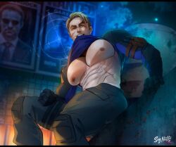 bara bara_tits barazoku benjamin_poindexter big_breasts big_tits biting_clothes blonde_hair blue_eyes bullseye_(marvel) cargo_pants daredevil_(series) gay gloves himbo huge_pecs long_sleeves male_only marvel marvel_cinematic_universe naughty naughty_face naughty_smile nipples pants pecs psychopath scar soynutts teeth