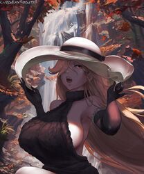 1girls armpits autumn_leaves bare_shoulders blonde_hair borrowed_character cutesexyrobutts elbow_gloves fangs female gloves hat highres huge_breasts lips long_hair looking_at_viewer lucretia_(doctor_masube) nature original red_eyes sideboob sitting solo sweater tree vampire virgin_killer_sweater water waterfall