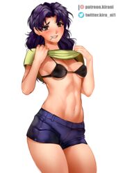 1girls blush bra breast_squish clothing female female_only kirani looking_at_viewer medium_breasts misato_katsuragi neon_genesis_evangelion pov shirt shirt_lift shorts solo