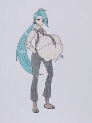 cyberiorr elite_four female fetal_movement game_freak green_hair hyper_pregnancy kicking_(pregnancy) looking_down looking_down_at_viewer nintendo pokemon pokemon_sv pregnant pregnant_belly pregnant_female red_eyes rika_(pokemon)