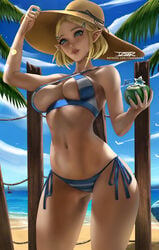 1girls beach bikini blonde_hair blue_bikini blue_eyes blue_swimsuit bocas_top breasts breath_of_the_wild cleavage clouds criss criss-cross_halter cross-halter cross_halter_bikini drink female female_only hairclip halter_bikini hat holding_drink hylian izhardraws large_breasts looking_at_viewer midriff navel nintendo ocean outside painted_fingernails palm_tree pointy_ears princess_zelda revealing_clothes royalty short_hair side-tie_bikini side-tie_swimsuit skimpy_clothes sky solo striped_bikini striped_swimsuit sun_hat swimsuit tears_of_the_kingdom the_legend_of_zelda trees water white_bikini white_swimsuit zelda_(tears_of_the_kingdom)