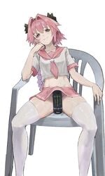 astolfo_(fate) astolfo_monster_cosplay_(meme) chair energy_drink fate_(series) femboy girly monster_can trap white_background yaoi