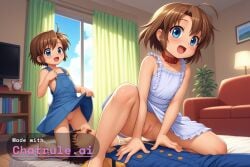 1girl ai_assisted ai_generated bag blue_eyes blush book brown_hair chair clothes_lift collar couch cowboy_shot cowgirl curtains deepthroat embarrassed flat_chest frills group_sex happy indoors light_blue_dress long_sleeves looking_at_viewer moaning naked open_mouth outside overalls pants parted_bangs pussy_sex saliva scenery shaking shelf shiori short_stack side_view sleeveless solo source_anime spread_legs sundress suspenders table television tree window wooden_floor