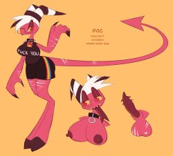 clockstops3am hellaverse helluva_boss fan_character demon imp english_text hi_res model_sheet warm_colors labbit1337 animal_genitalia anthro balls big_breasts breasts collar erection forked_tongue genitals gynomorph intersex penile_spines penis red_body red_skin sheath solo spiked_collar spikes text tongue