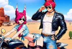 ai ai_generated ai_assisted prussia123 1girls xayah league_of_legends vastaya biker_clothes biker_girl shorts jean_shorts jean_jacket sexy sexy_body sexy_female sexy_clothing thick thick_ass 1boy teasing sett imminent_sex bulge horny