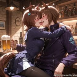 1boy 1girl ahoge ai_generated alcohol animal_ears bangs bar_(place) beer beer_mug black_shirt blue_jacket blue_skirt blush breasts brown_hair cup drunk dual_persona earrings french_kiss genderswap genderswap_(ftm) hair_between_eyes half-closed_eyes helluva_boss hetero holding holding_cup horse_ears horse_girl horse_tail hug indoors jacket jewelry kermixx kiss long_sleeves looking_at_another millie_(helluva_boss) mug open_mouth pantyhose pleated_skirt red_eyes sailor_collar saliva school_uniform selfcest serafuku shirt short_hair single_earring sitting skirt tail teeth thighband_pantyhose tongue tongue_out tracen_school_uniform zipper zipper_pull_tab