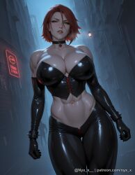1girl ai_generated bare_shoulders black_choker black_gloves bloodrayne bracelet breasts building bustier choker city cleavage corset elbow_gloves gloves green_eyes jewelry large_breasts latex leather_pants lips looking_at_viewer navel nyx_x pants parted_lips rayne red_hair sensitive shiny shiny_clothes short_hair solo sweat