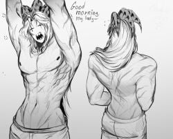 monster monster_boy nude_male pierrot_(the_freak_circus) scars_all_over scars_on_back scars_on_body sfw solo_focus solo_male starshadow3000 stretching_arms the_freak_circus v-line yawning