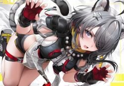 1girls ahoge animal_ear_fluff arknights arknights:_endfield black_shorts breasts claw_pose earrings eyepatch fingerless_gloves fingernails gloves grey_hair hair_ornament hands_up jewelry long_hair looking_at_viewer medium_breasts open_mouth purple_eyes re0n red_gloves short_shorts shorts solo tail tangtang_(arknights:_endfield) thighs