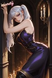 noelle_silva black_clover 1girl dress solo purple_eyes breasts smile looking_at_viewer long_hair candle twintails belt bare_shoulders purple_dress from_side blue_dress thighhighs white_hair grey_hair sleeveless closed_mouth medium_breasts artist_name sleeveless_dress candlestand leaning_forward lips blush bare_arms standing black_belt large_breasts fire against_wall thigh_boots boots black_footwear looking_to_the_side indoors black_thighhighs strapless_dress cowboy_shot strapless pillar nose sidelocks mionety ai_generated