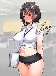 1girl 1girls absurdres black_hair black_skirt blurry blurry_background blush breasts commentary_request dress_shirt embarrassed female female_only furaggu_(frag_0416) highres id_card indoors kantai_collection miniskirt office_lady pubic_hair red_eyes revealing_clothes shirt short_hair skimpy_clothes skirt sleeveless solo sweat takao_(kancolle) white_shirt