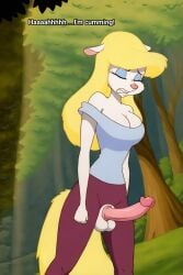 warner_brothers warner_bros animaniacs minerva_mink 1girls 1futa futanari clothing penis penis_out blonde_hair yellow_hair furry anthro mink text ai_generated accurate_art_style balls testicles breasts clevage