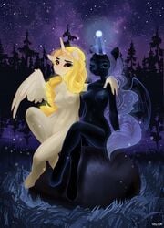 absurd_res alicorn anthro arm_over_shoulder breasts dark_persona daybreaker_(mlp) duo equid equine female forest friendship_is_magic genitals hi_res horn looking_at_viewer mammal my_little_pony navel night nightmare_moon_(mlp) plant princess_celestia_(mlp) princess_luna_(mlp) pussy rock sitting smile tree unguligrade_anthro wings zlatavector