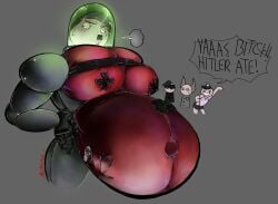 1boy absurd adolf_hitler annoyed black_hair blank_eyes clothes_stretching floating_head glowing gnuts hand_on_stomach heavy_breasts hitler hitler_ii_(mewgenics) hyper_pregnancy iron_cross male_only male_pregnancy mccfarlane mecha metal_body metal_nipples mewgenics mpreg onlookers pencil_mustache robot rubber sweating tired what wtf_is_this
