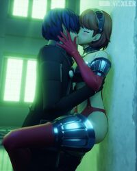 1boy1girl 2026 3d 3d_(artwork) atlus bikini_armor blush brown_hair closed_eyes clothing kissing love makoto_yuki megami_tensei partially_clothed persona persona_3 persona_3_fes persona_3_reload rynxler tartarus watermark yukari_takeba