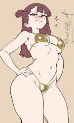 1girl akko_kagari asian_female ass atsuko_kagari big_butt bikiin bikini_top blushing breast brown_hair butt gold_bikini golden_bikini little_witch_academia long_hair maud_fal medium_boobs medium_breasts navel red_eyes studio_trigger summer tagme thick_thighs thighs thong thong_bikini
