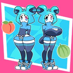 ass ass_bigger_than_breasts ass_size_difference ass_vs_breasts blue-chan bottom_heavy bourbunbun breast_size_difference breasts breasts_bigger_than_ass choice cyan_hair melon meme peach_(fruit) thighs top_heavy