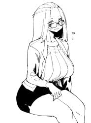 1girl bangs_pinned_back breasts flying_sweatdrops folded_hair glasses greyscale hair_pulled_back highres huge_breasts inne_sulistya_robin invisible_chair jacket monochrome norman_maggot pencil simple_background sitting solo source_request sweat sweatdrop sweater white_background