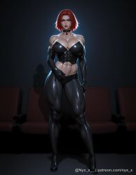 1girl abs ai_generated bare_shoulders black_background black_choker black_gloves bloodrayne breasts choker cleavage collarbone elbow_gloves full_body gloves green_eyes large_breasts latex looking_at_viewer muscular muscular_female navel nyx_x rayne red_hair scar sensitive short_hair solo standing