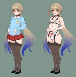 1boy 2d bare_shoulders blue_eyes blue_hair blush bulge choker clothed clothed_male color crossdressing fate/grand_order fate_(series) femboy femboy_focus feminine_male front_view girly gray_hair high_heels human light-skinned_femboy light-skinned_male light_skin lingerie long_hair looking_at_viewer male male_focus male_only multicolored_hair nemo_(fate) non-nude open_mouth panties shiny shiny_skin simple_background skirt solo standing stockings sweat tattoo text tied_hair trap twintails very_long_hair zanegoodell