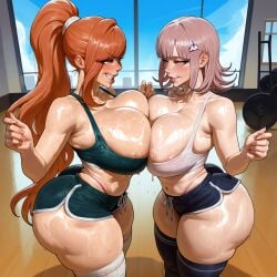2girls ai_generated alternate_breast_size breast_press breasts_against_breasts danganronpa female female_only gym light-skinned_female light_skin long_hair looking_at_another looking_at_each_other mnemosynekoto multiple_girls nanami_chiaki orange_hair panty_straps patreon_reward pink_hair short_hair shorts smile smiling sweat tagme thigh_high_socks thigh_highs workout_clothes yukizome_chisa