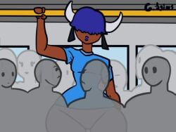 g.lins taller_female crowd crowd_watching crowd_background generic_male shorter_male bus_interior bus transparent_background blue_hair horns cow_girl cow_ears cow_horns minotaur minotaur_female brown_skin wobble gif animated shorter_than_10_seconds shorter_than_5_seconds