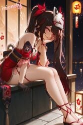 1girl ai_generated arm_support bare_legs bare_shoulders bell black_choker black_gloves black_hair black_sash bow breasts brown_hair butterfly-shaped_pupils choker cleavage closed_mouth collarbone detached_sleeves dress extreme_dangling facial_mark feet flower_tattoo fox_mask from_side full_body gloves gradient_hair grin hair_ornament halterneck hand_on_own_cheek hand_on_own_face head_rest head_tilt honkai(series) honkai:_star_rail indoors jingle_bell lantern leaning_forward legs long_hair looking_at_viewer mask mask_on_head medium_breasts mionety multicolored_hair nail_polish neck_bell night night_sky o-ring obi panties pink_eyes pink_nails red_bow red_dress red_eyes red_nails red_panties sandals sash short_dress short_sleeves sidelocks single_glove sitting sky sleeveless sleeveless_dress small_breasts smile solo sparkle_(honkai:_star_rail) thigh_strap thighs toenail_polish toenails toes twintails underwear very_long_hair window