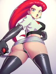 1girls angry apostle ass big_breasts black_panties blue_eyes boots clothing dat_ass female female_only footwear handwear high_heel_boots human jessie_(pokemon) large_breasts panties poke_ball pokemon tagme thigh_boots upskirt