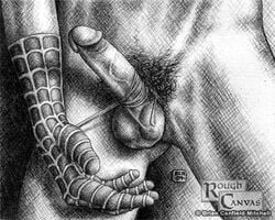 1boy 2009 balls black_and_white close-up erection genital_focus human human_only light-skinned_male light_skin male male_only marvel marvel_comics monochrome nude nude_male penis peter_parker pubic_hair rough_canvas sketch smooth_skin solo solo_male spider-man spider-man_(series) uncolored unseen_male_face