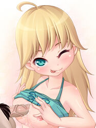 1girls :p blonde_hair clothed clothed_female_nude_male cum female human idolmaster male miki_hoshii nude paizuri penis smile straight tongue