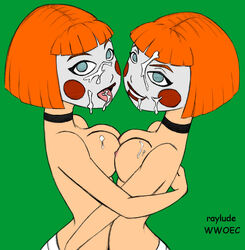 2girls areola batman_(series) batman_beyond:_return_of_the_joker blue_eyes breasts choker clown collar cum cum_in_mouth cum_on_breasts dc_comics dcau dee_dees deidre_dennis delia_dennis erect_nipples face_paint facial female female_only incest jokerz makeup multiple_girls nipples orange_hair raylude red_hair short_orange_hair sisters tongue topless twincest twins wwoec yuri