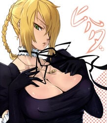 1girls beelzebub_(manga) blonde_hair braid breasts choker cleavage elbow_gloves erect_nipples female female_only gloves gothic gothic_lolita green_eyes hair_over_one_eyes hijiri hilda_(beelzebub) huge_breasts jewelry large_breasts lolita_fashion necklace ponytail short_hair solo tied_hair