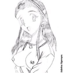 breasts clothes daisy_oak female female_only hair human human_only large_breasts long_hair monochrome nintendo nipples ookido_nanami pokemon pokemon_rgby sketch solo the_electric_tale_of_pikachu