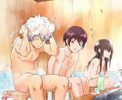 3boys aged_down bathing bathroom black_hair blush completely_nude gintama gintoki_sakata indoors katsura_kotarou long_hair_male looking_at_another looking_at_penis male male_only nijiro_iro nude penis_awe purple_hair shampoo sitting suds takasugi_shinsuke towel washing washing_hair wet wet_skin white_hair