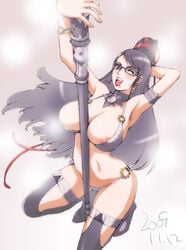 1girls 2009 areola areola_slip armband armpits bayonetta bayonetta_(character) beauty_mark between_breasts black_hair blush boots bra bracelet breasts cleavage eyeshadow footwear garter hair huge_breasts jewelry konkitto lingerie lipstick long_hair lowleg lowleg_panties makeup mole nipples object_between_breasts panties pole pole_between_breasts pole_dancing sega smile solo squatting stockings stripper stripper_pole thigh_boots thighhighs thong underwear very_long_hair voluptuous wink witch